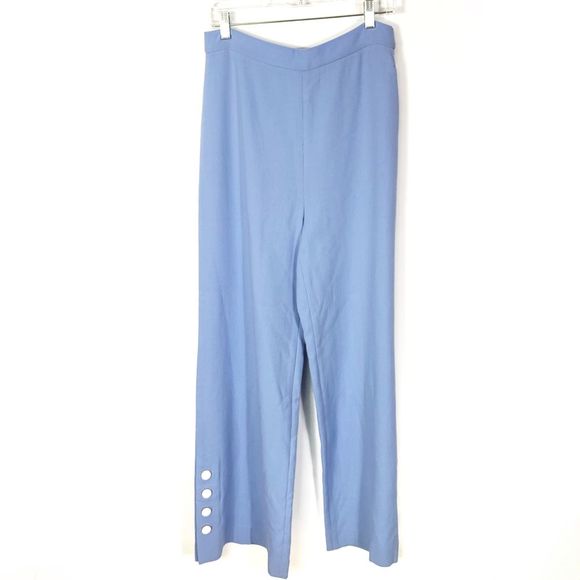Lela Rose 10 Wool Crepe Wide Leg Straight Pants Buttons High Rise Waist Blue - Picture 2 of 10